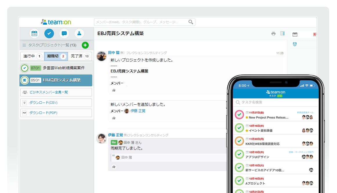 Teamon チームオン 無料スケジュール管理タスク共有グループチャットやファイル共有 グループウェア テレワーク支援ツール アプリ